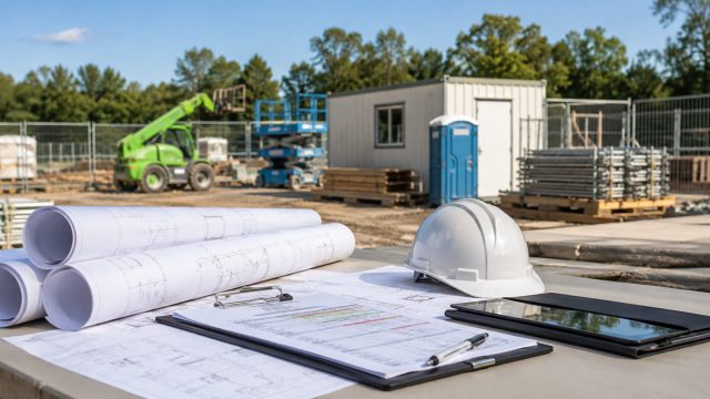 Construction planning documents, rolled blueprints, hard hats, and a tablet arranged at an active worksite with hired equipment and temporary facilities behind.