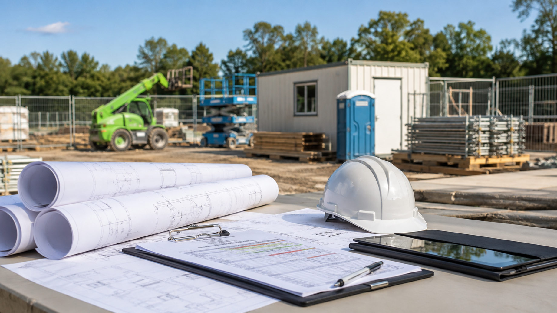 Construction planning documents, rolled blueprints, hard hats, and a tablet arranged at an active worksite with hired equipment and temporary facilities behind.