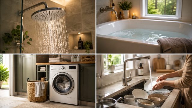 Household hot water use shown through a running shower, filling bathtub, washing machine, and kitchen sink with dishes being cleaned.