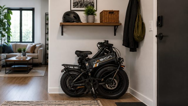 Folded black fat-tire electric bike stored beneath a shelf in a modern apartment entryway.