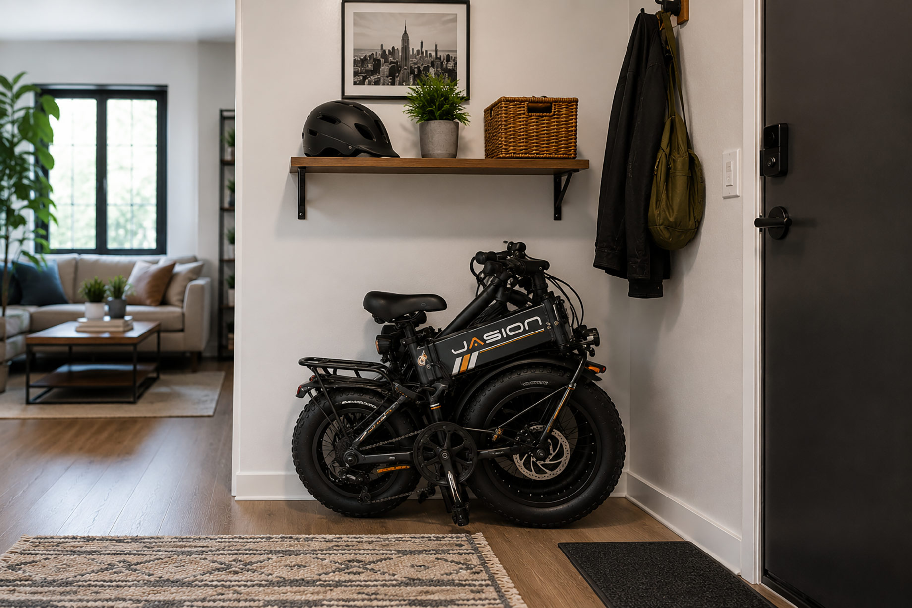 Folded black fat-tire electric bike stored beneath a shelf in a modern apartment entryway.