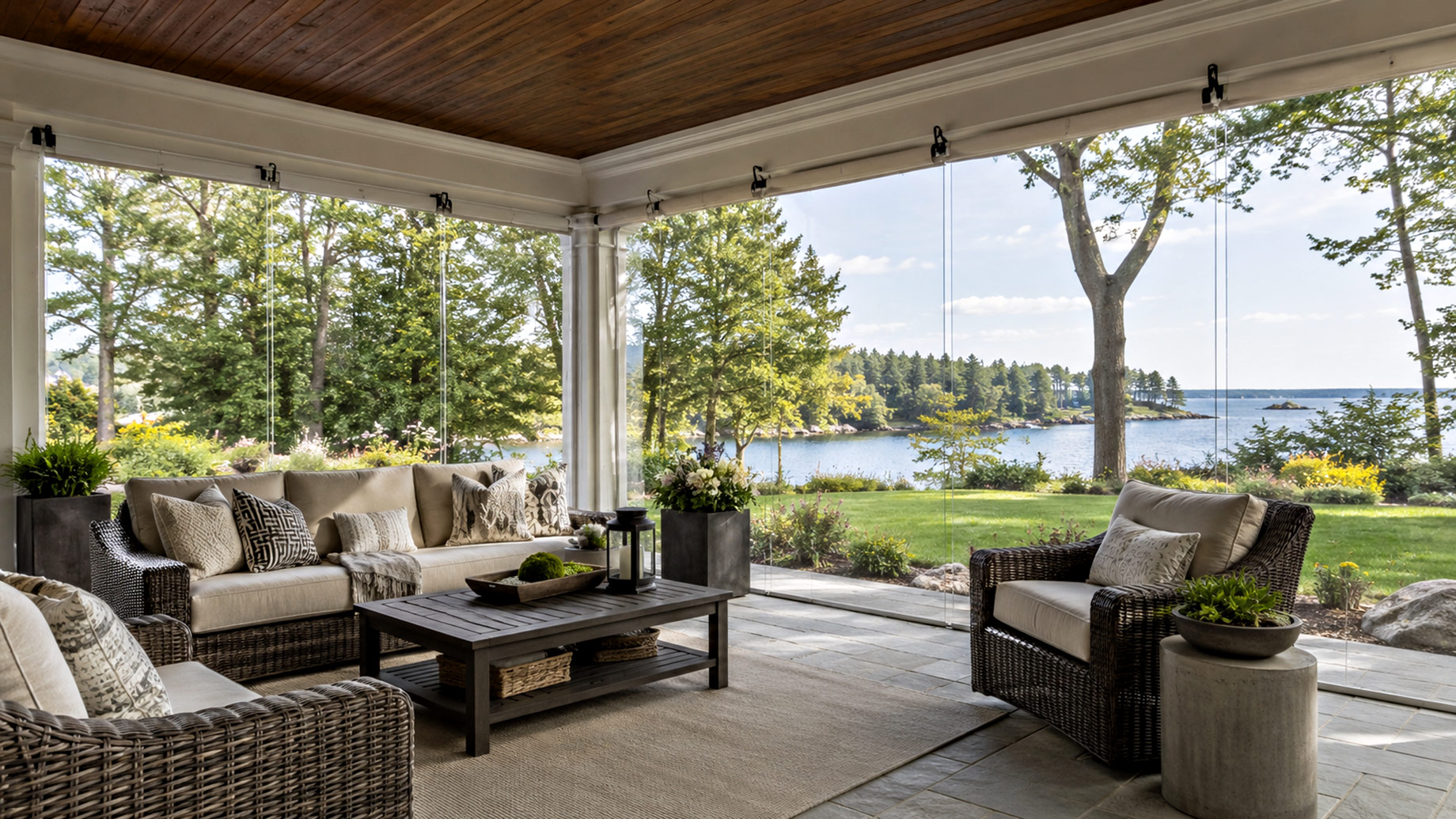 Elegant covered porch with clear vinyl enclosure panels, comfortable outdoor furniture, natural light, landscaped gardens, and uninterrupted waterfront views.