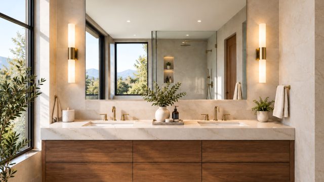 Large frameless rectangular mirror above a double walnut vanity with stone countertop, brass fixtures, wall sconces, and natural light.