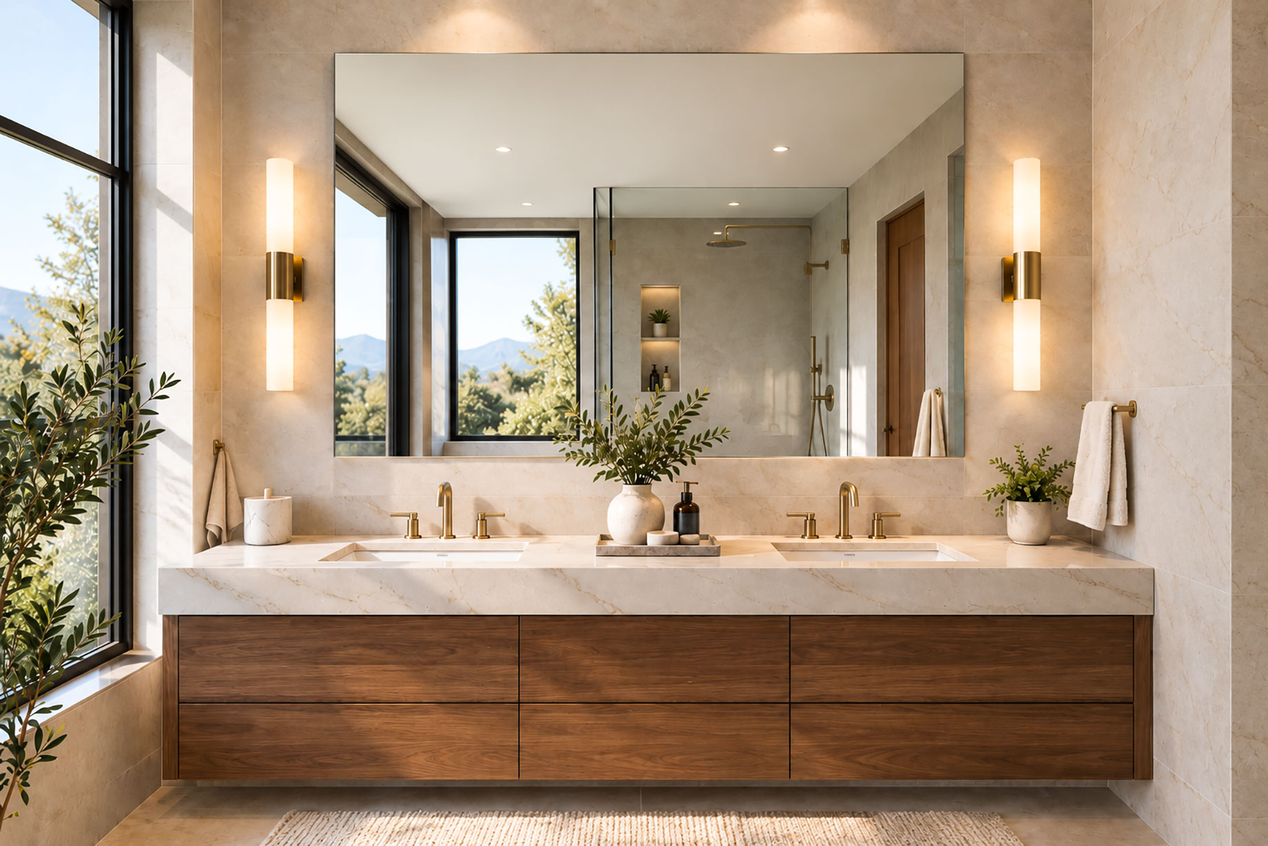 Large frameless rectangular mirror above a double walnut vanity with stone countertop, brass fixtures, wall sconces, and natural light.