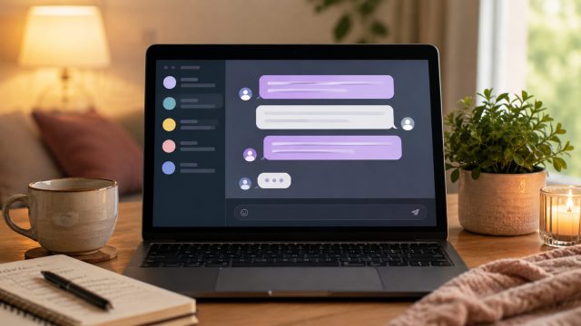 Laptop displaying an anonymous online chat room in a calm home setting with a notebook, coffee, plant, and candle.