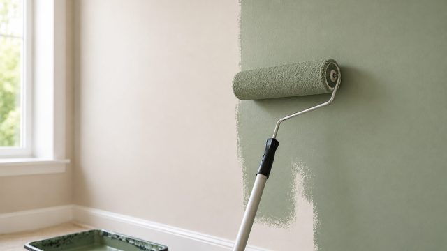 Paint roller applying soft sage green paint to an interior wall beside a bright window and freshly painted white trim.