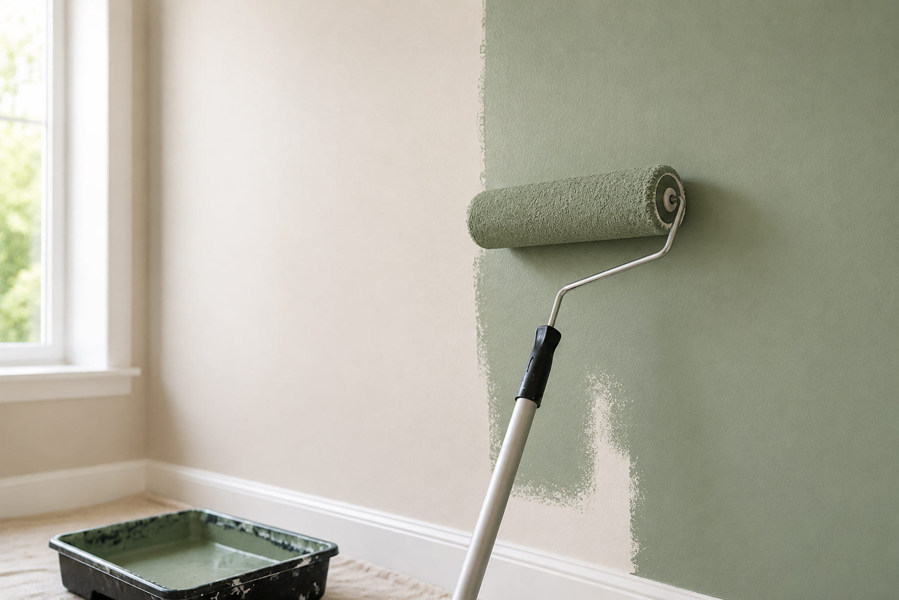 Paint roller applying soft sage green paint to an interior wall beside a bright window and freshly painted white trim.
