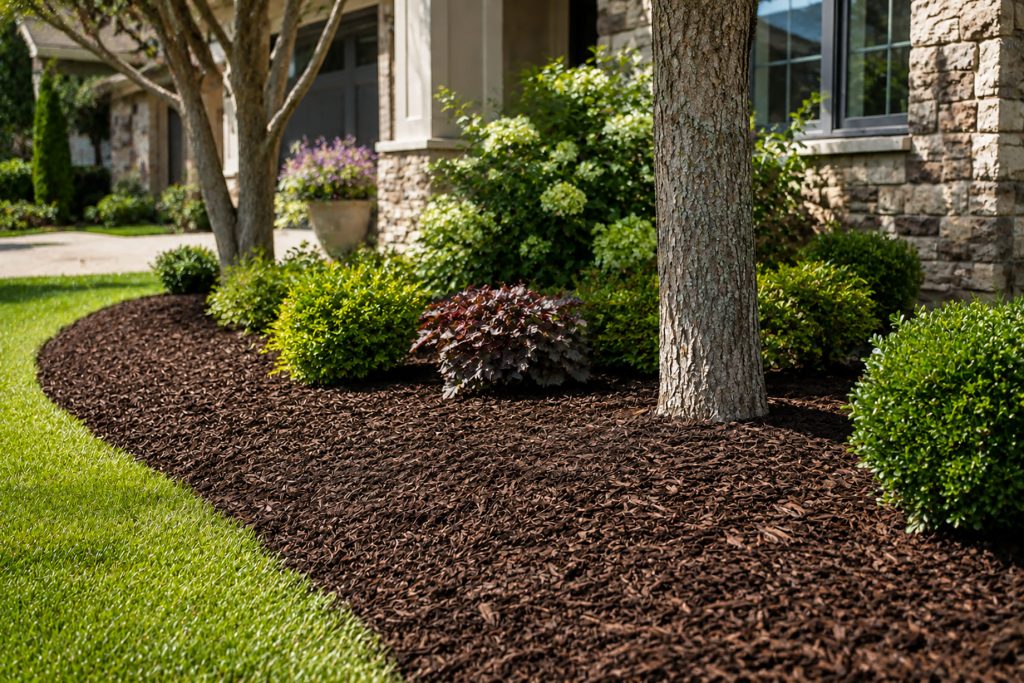 Fresh dark brown mulch surrounding mature trees, shrubs, and garden plants beside a neatly maintained green lawn and stone home.