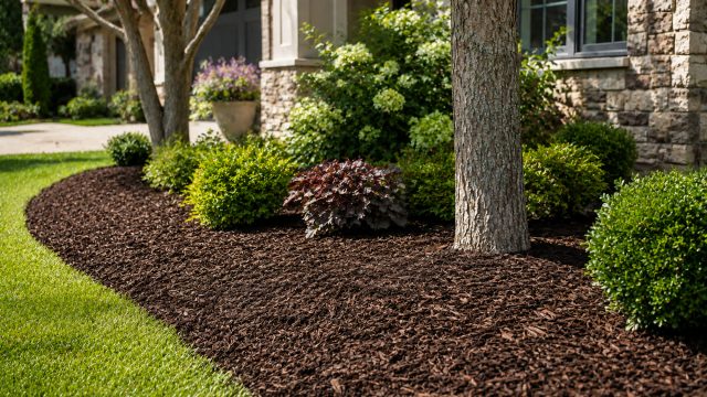 Fresh dark brown mulch surrounding mature trees, shrubs, and garden plants beside a neatly maintained green lawn and stone home.