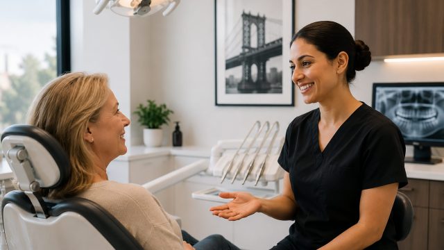 Older blonde woman smiling comfortably in a dental chair while speaking with a dark-haired female dentist in a modern clinic.