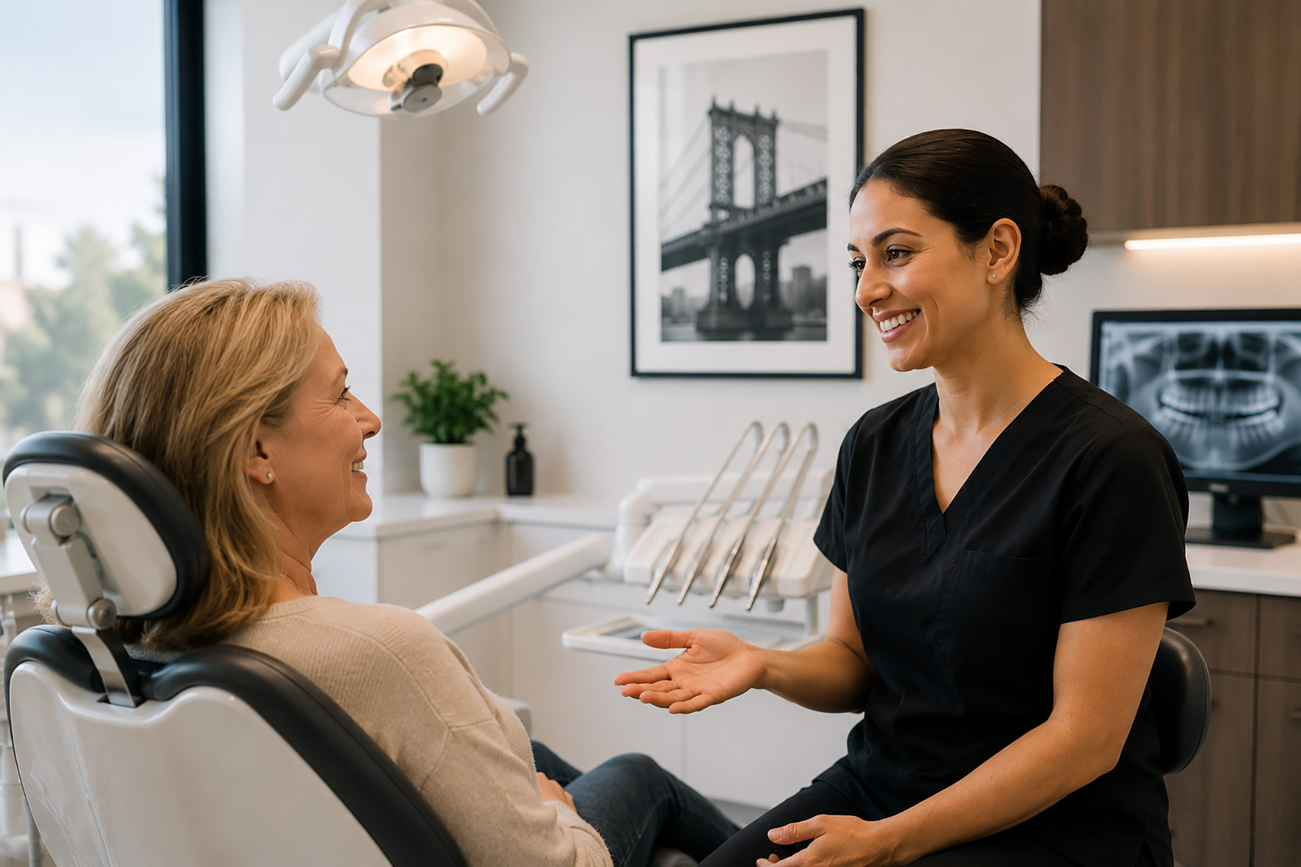 Older blonde woman smiling comfortably in a dental chair while speaking with a dark-haired female dentist in a modern clinic.