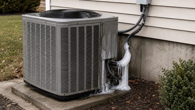 Outdoor residential air conditioning unit with heavy ice buildup around the refrigerant lines and lower cabinet, indicating a cooling system problem.