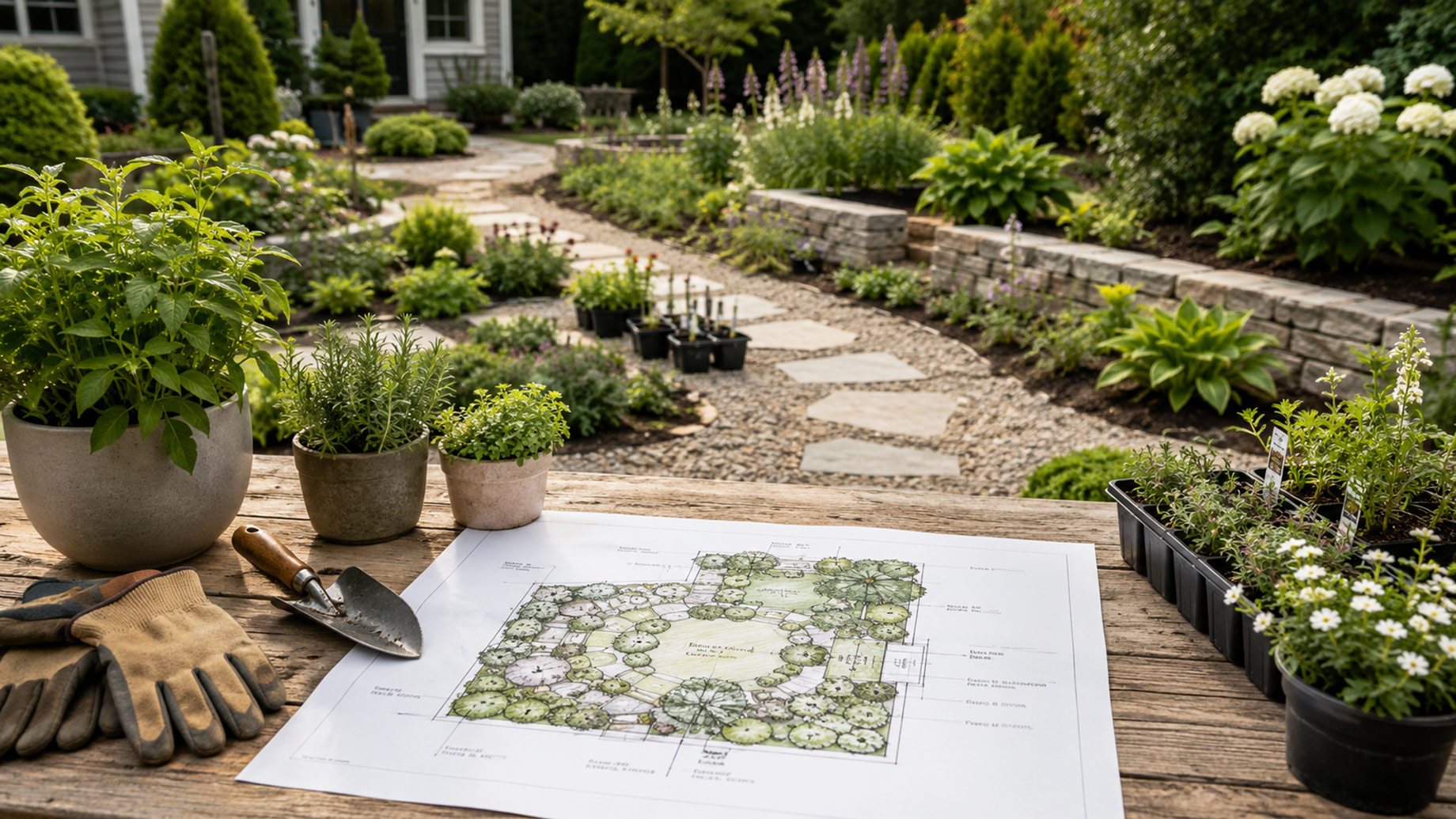 Garden design plan with potted plants, gardening tools, and nursery plants overlooking a landscaped residential garden.