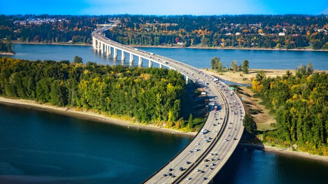 Aerial view of the Glenn L. Jackson Memorial Bridge carrying Interstate 205 across the Columbia River between Portland, Oregon, and Vancouver, Washington.