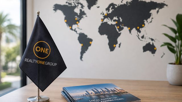 Realty ONE Group desk flag beside global real estate materials with a world map and international market locations in the background.