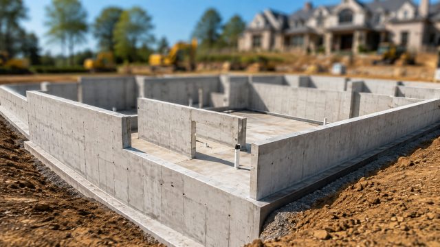 Expansive poured-concrete foundation under construction with a luxury estate and construction equipment softly blurred in the background.