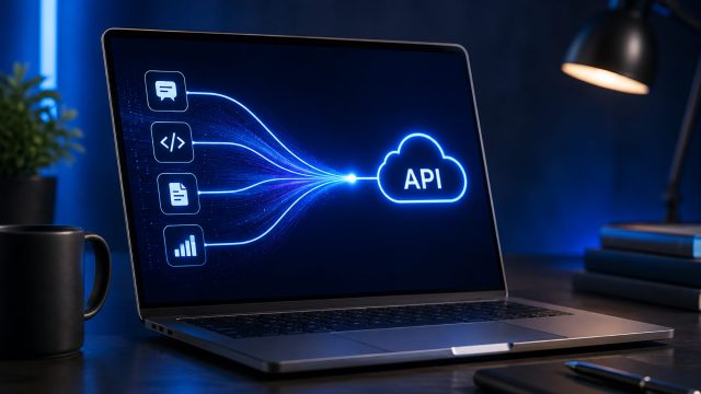 Laptop displaying an API workflow connecting chat, code, document, and analytics functions through a unified developer interface.