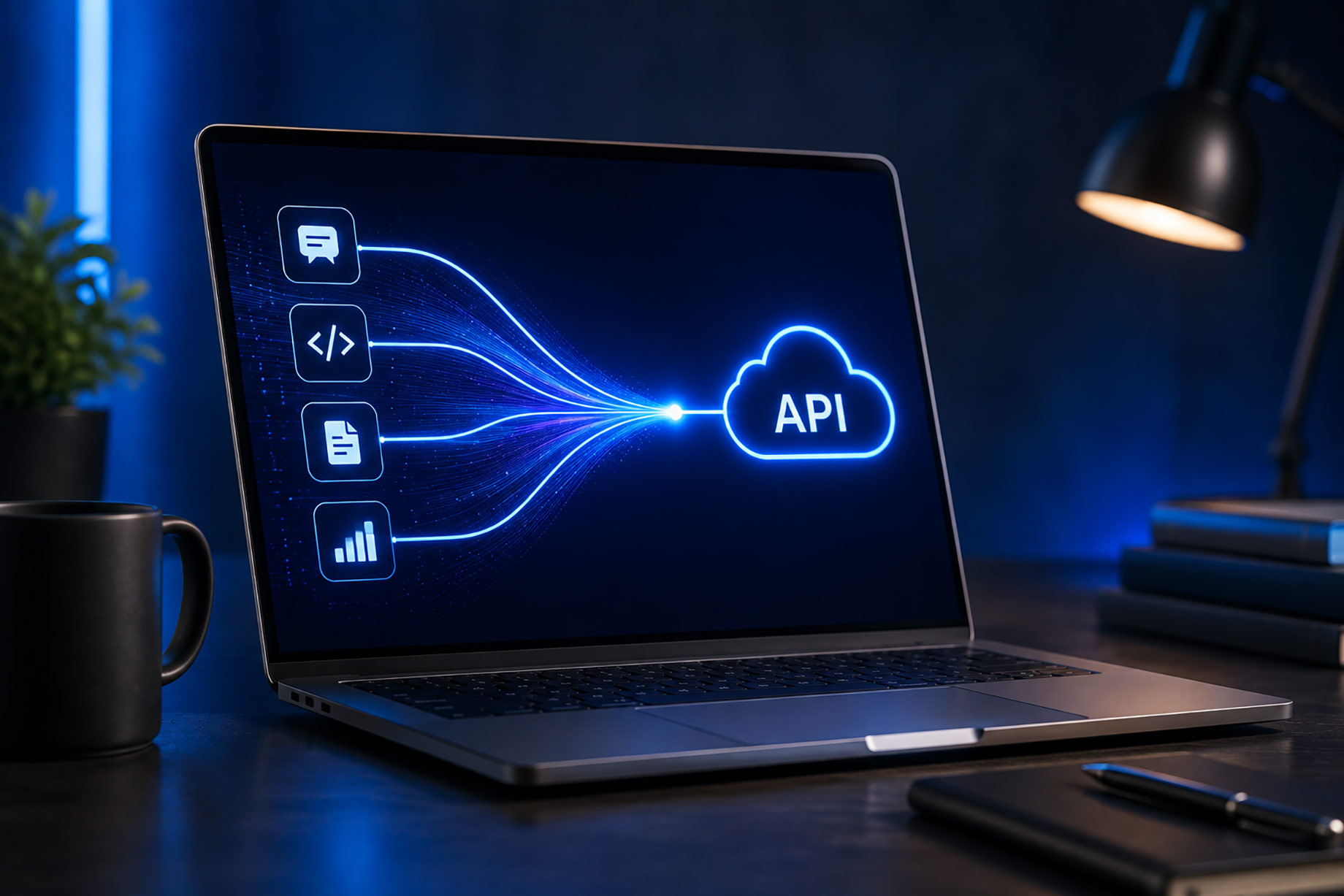 Laptop displaying an API workflow connecting chat, code, document, and analytics functions through a unified developer interface.