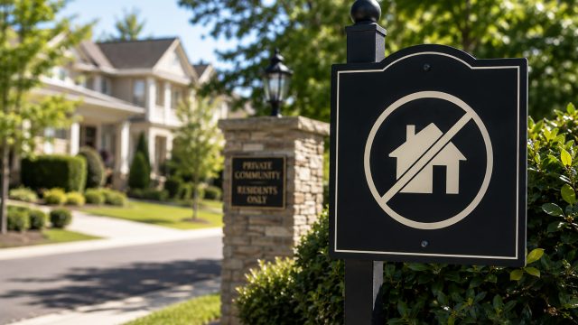 No-rental symbol at the entrance to an HOA-governed suburban community.