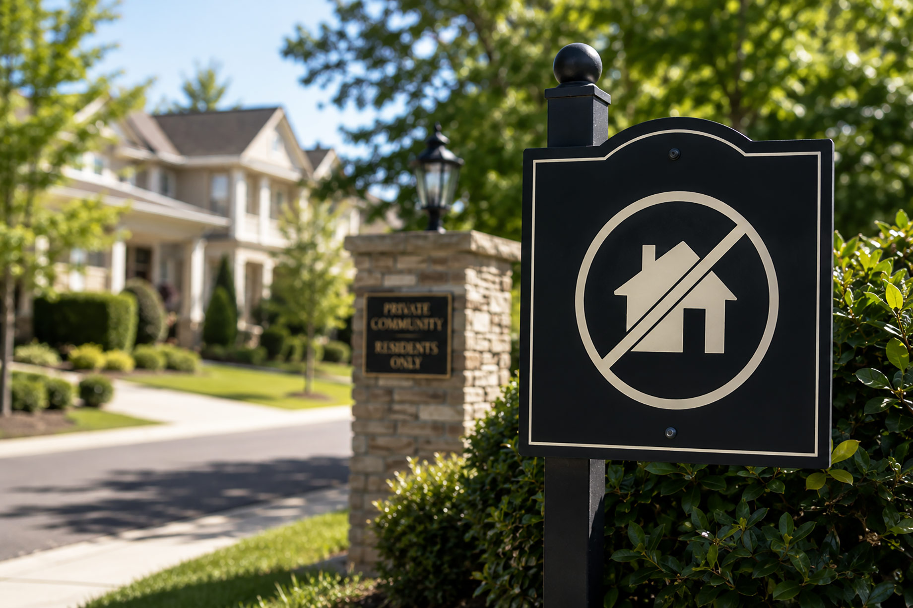 No-rental symbol at the entrance to an HOA-governed suburban community.