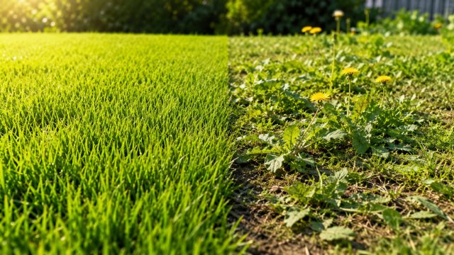 Split lawn showing dense green grass on one side and dandelions, broadleaf weeds, and exposed soil on the other.