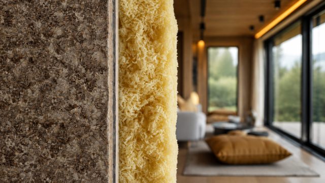 Close-up of layered mica and fibrous insulation materials beside a warm modern interior with floor-to-ceiling windows.