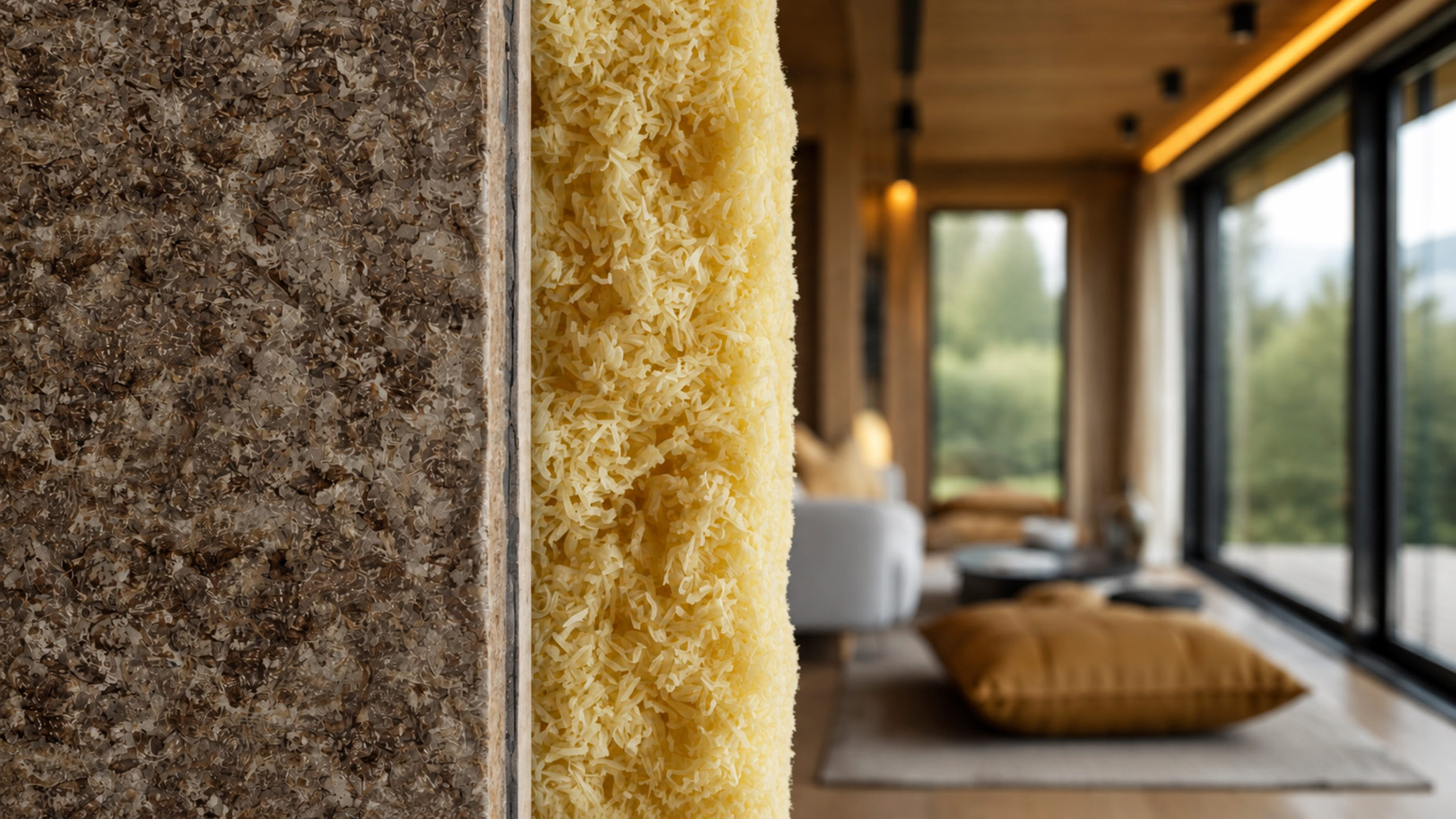 Close-up of layered mica and fibrous insulation materials beside a warm modern interior with floor-to-ceiling windows.