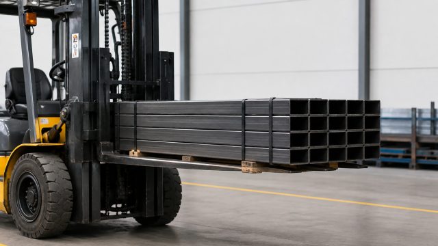 Heavy-duty forklift carrying a secured bundle of rectangular steel sections across an active fabrication workshop floor.