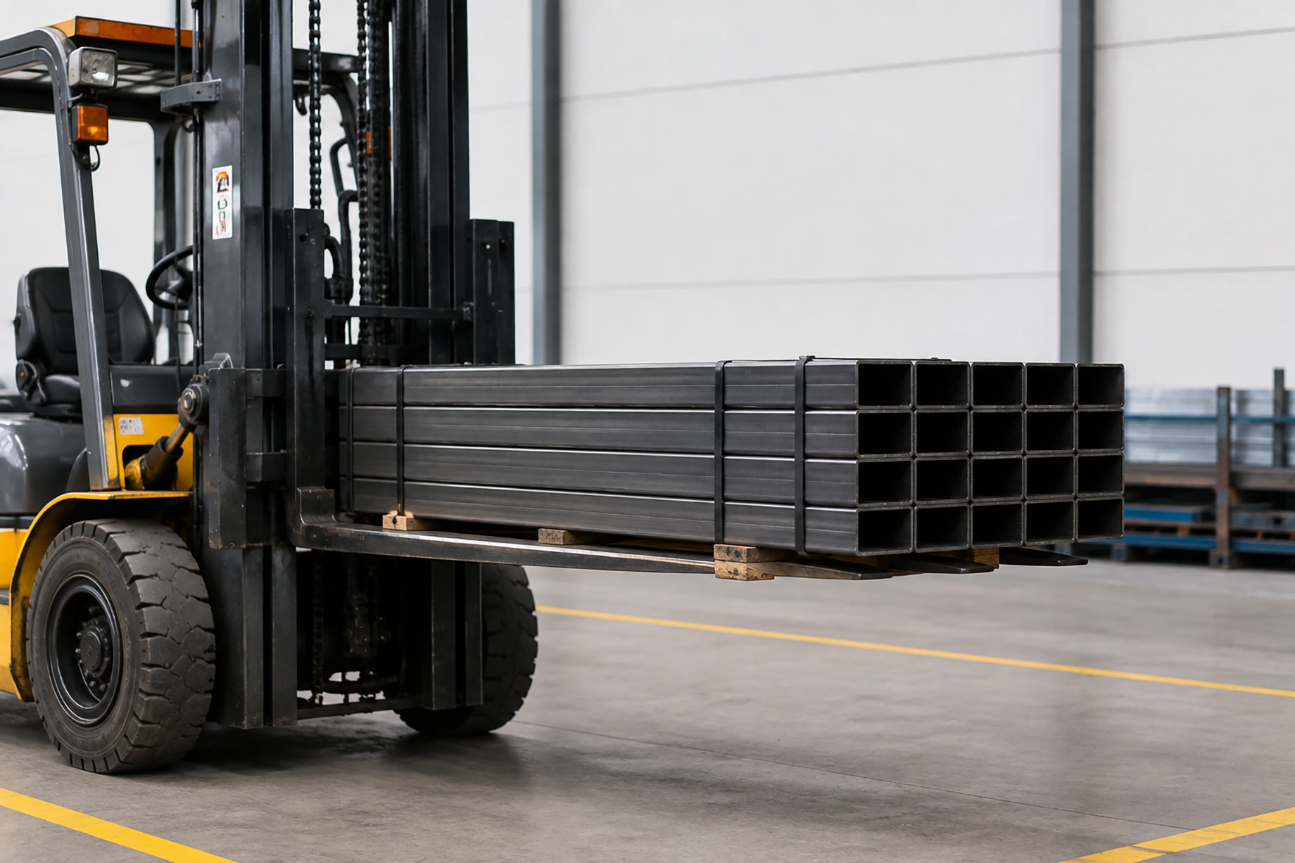 Heavy-duty forklift carrying a secured bundle of rectangular steel sections across an active fabrication workshop floor.