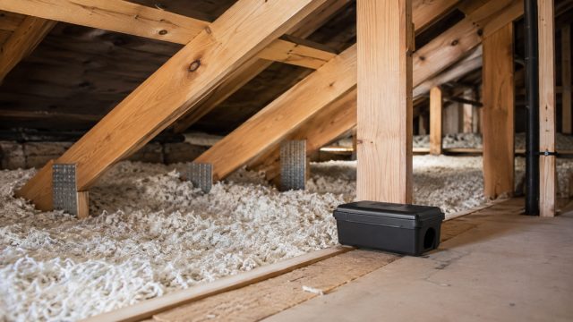 Pest monitoring station placed among attic insulation and timber framing to detect hidden rodent and pest activity.