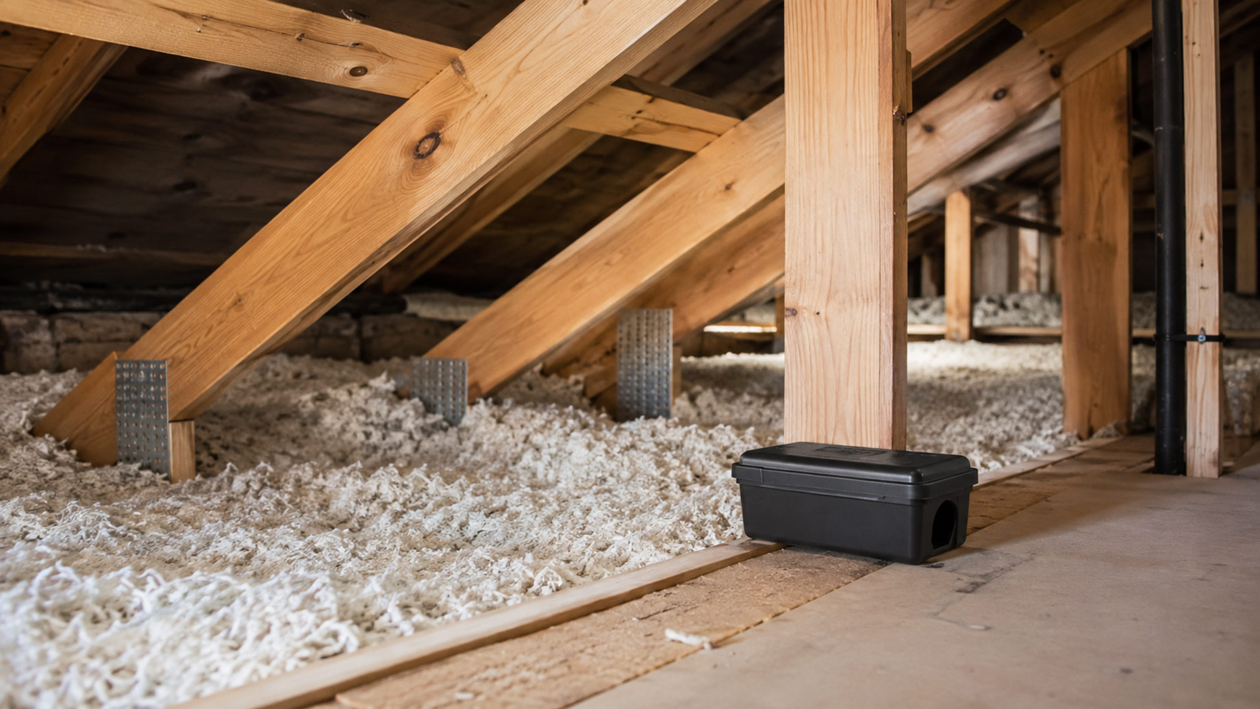 Pest monitoring station placed among attic insulation and timber framing to detect hidden rodent and pest activity.