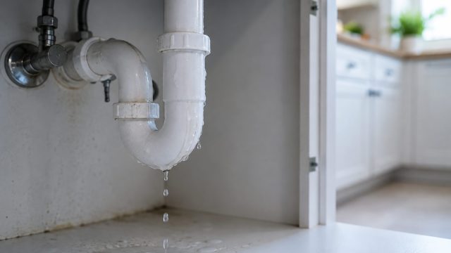Leaking drain pipe beneath a residential sink with water dripping into the cabinet and signs of moisture around the plumbing.