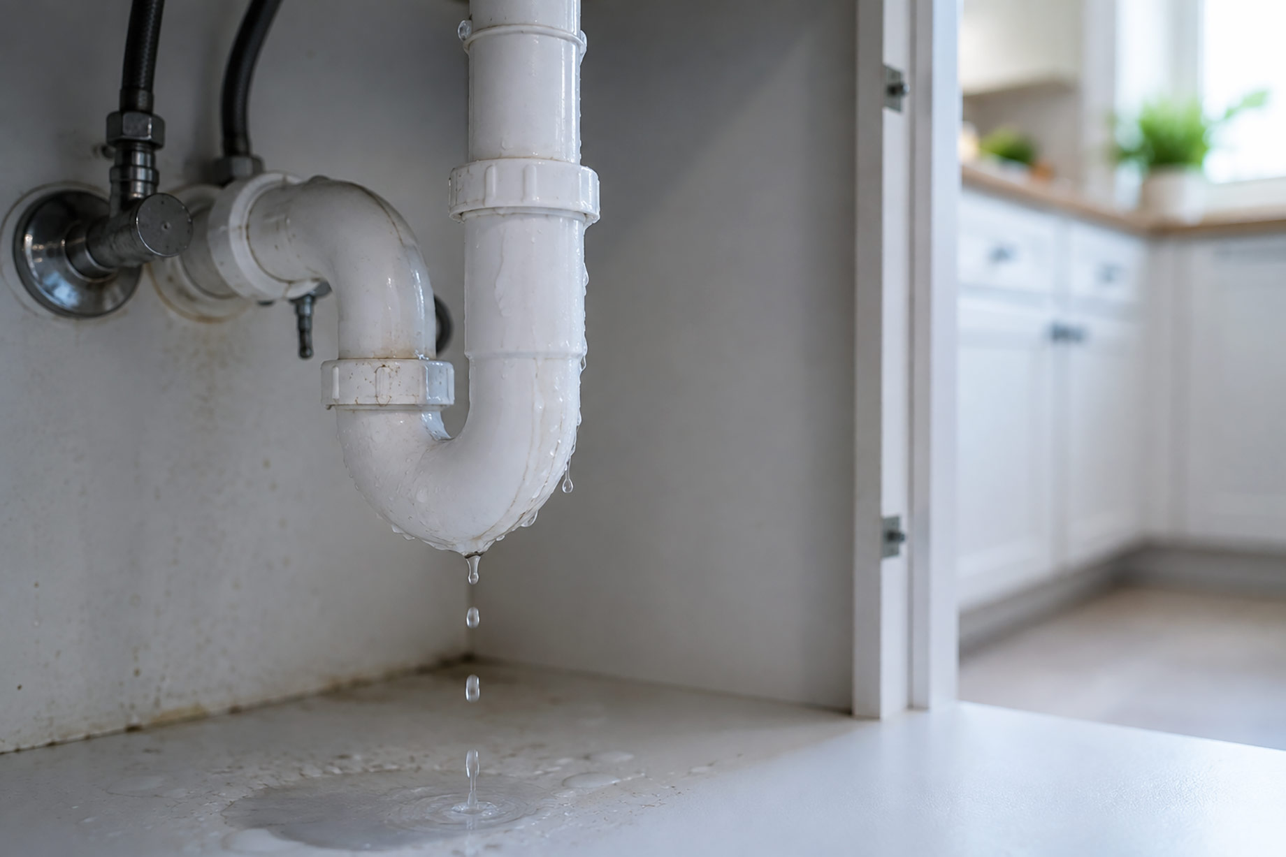Leaking drain pipe beneath a residential sink with water dripping into the cabinet and signs of moisture around the plumbing.