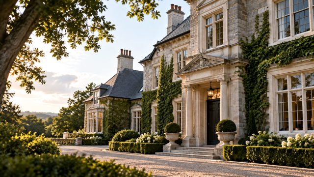 Grand historic stone estate with slate roofing, tall chimneys, ivy-covered walls, formal landscaping, and a columned entrance at golden hour.