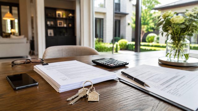 Property sale documents, house keys, calculator, smartphone, and pen arranged on a wooden table inside an elegant modern home.