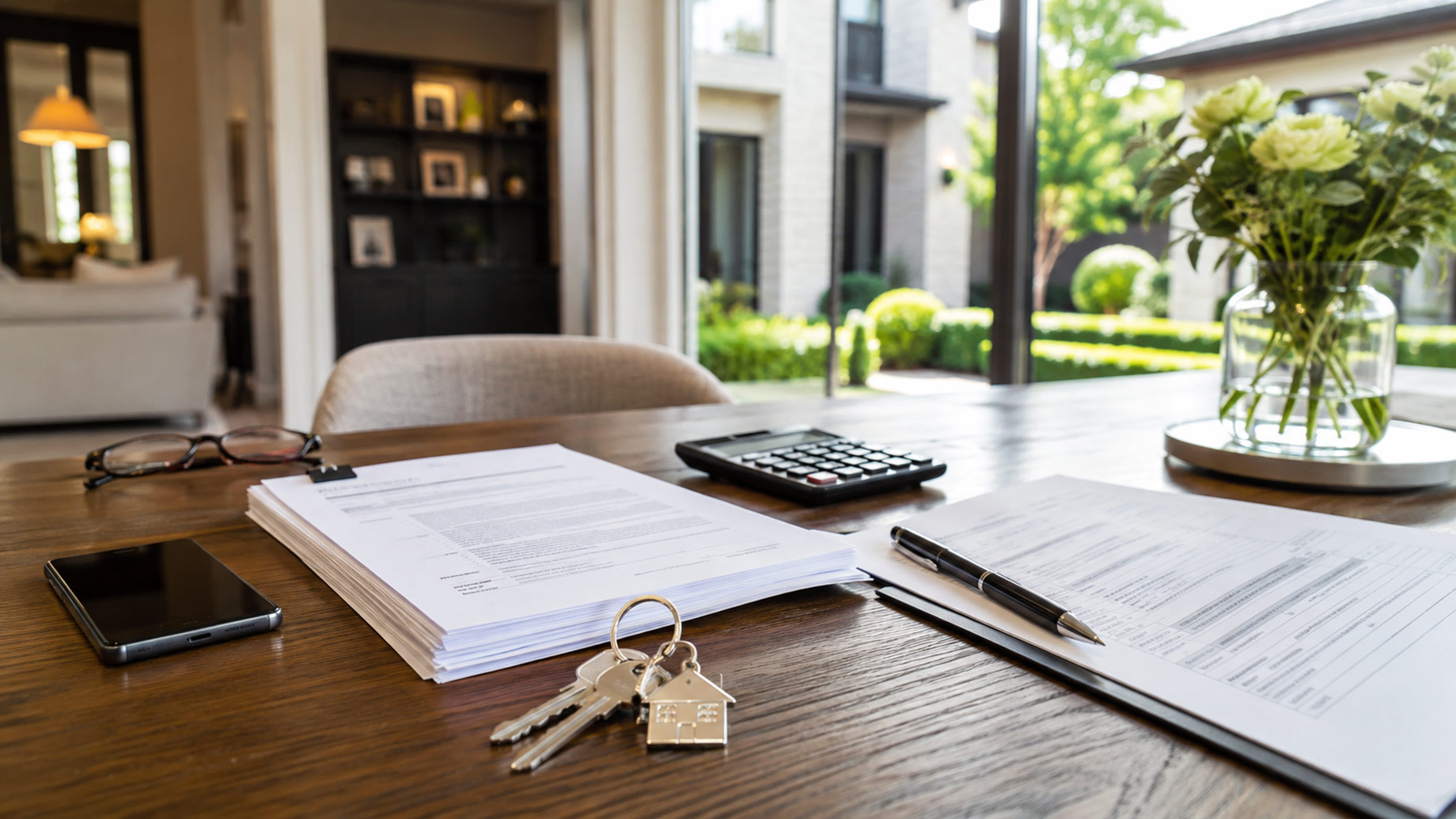 Property sale documents, house keys, calculator, smartphone, and pen arranged on a wooden table inside an elegant modern home.