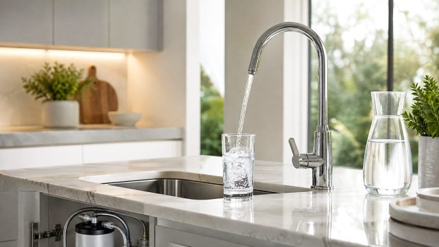 Modern kitchen faucet pouring filtered water into a glass beside a clear carafe on a bright countertop with a filtration unit below the sink.