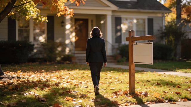 Homeowner walking toward a suburban house beside a blank real estate sign on an autumn afternoon.