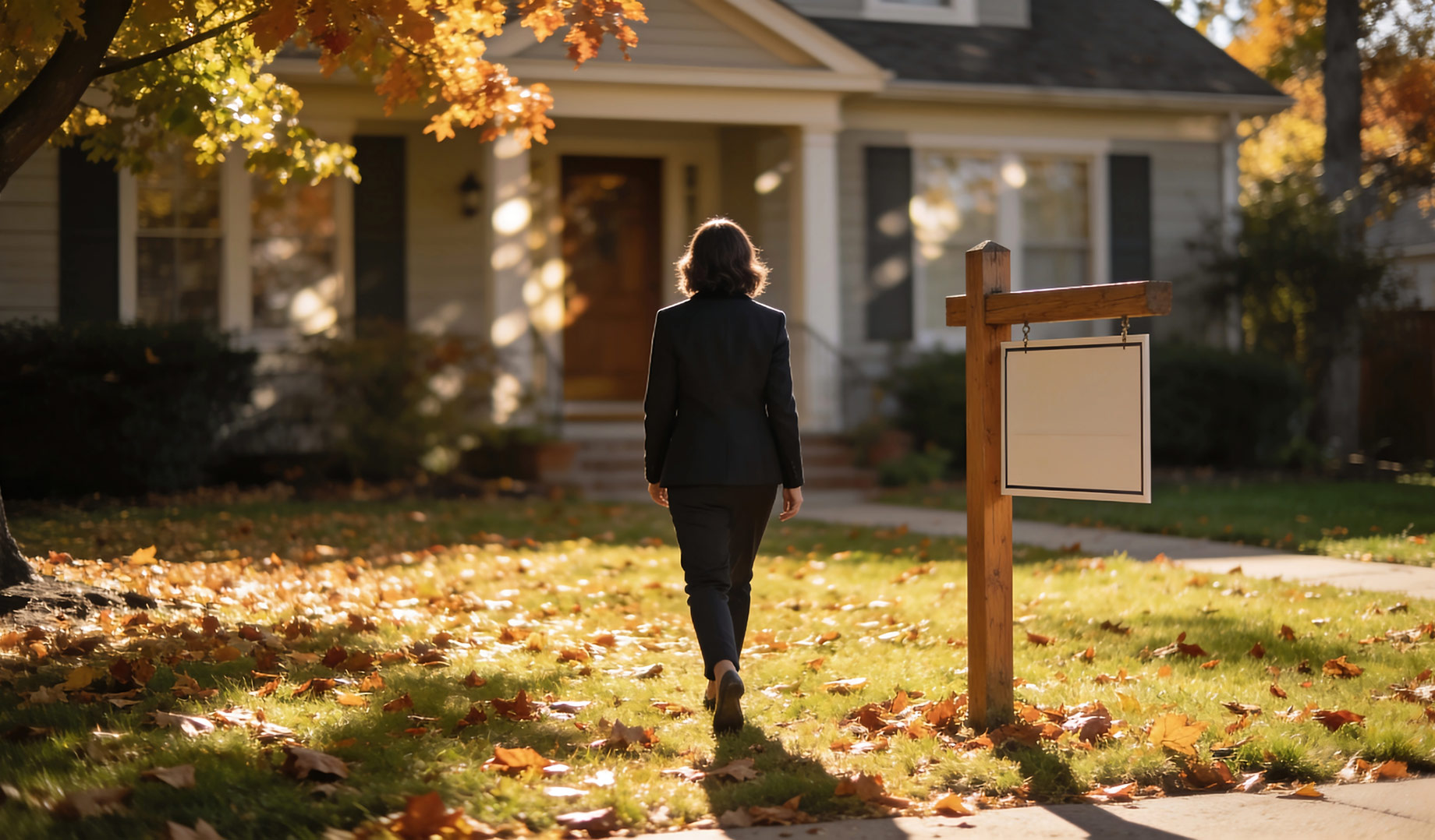 Homeowner walking toward a suburban house beside a blank real estate sign on an autumn afternoon.