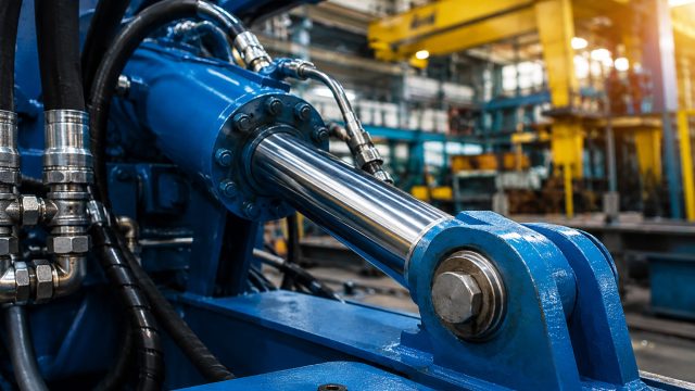 Close-up of a blue hydraulic cylinder, polished piston rod, hoses, and metal fittings inside an industrial manufacturing facility.