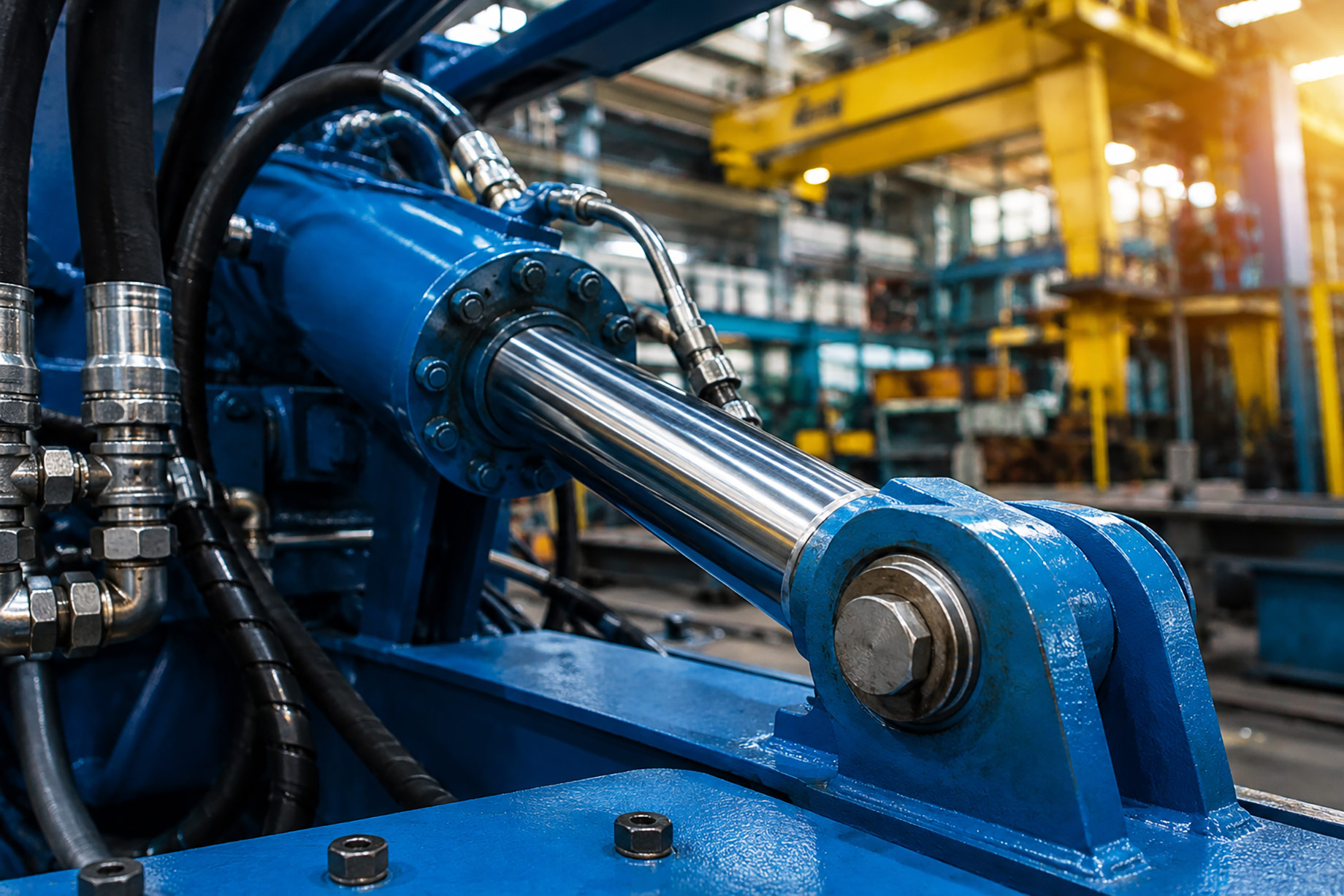 Close-up of a blue hydraulic cylinder, polished piston rod, hoses, and metal fittings inside an industrial manufacturing facility.