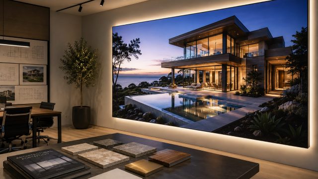 Luxury architecture studio with a large illuminated display showcasing a modern waterfront home beside architectural plans and material samples.