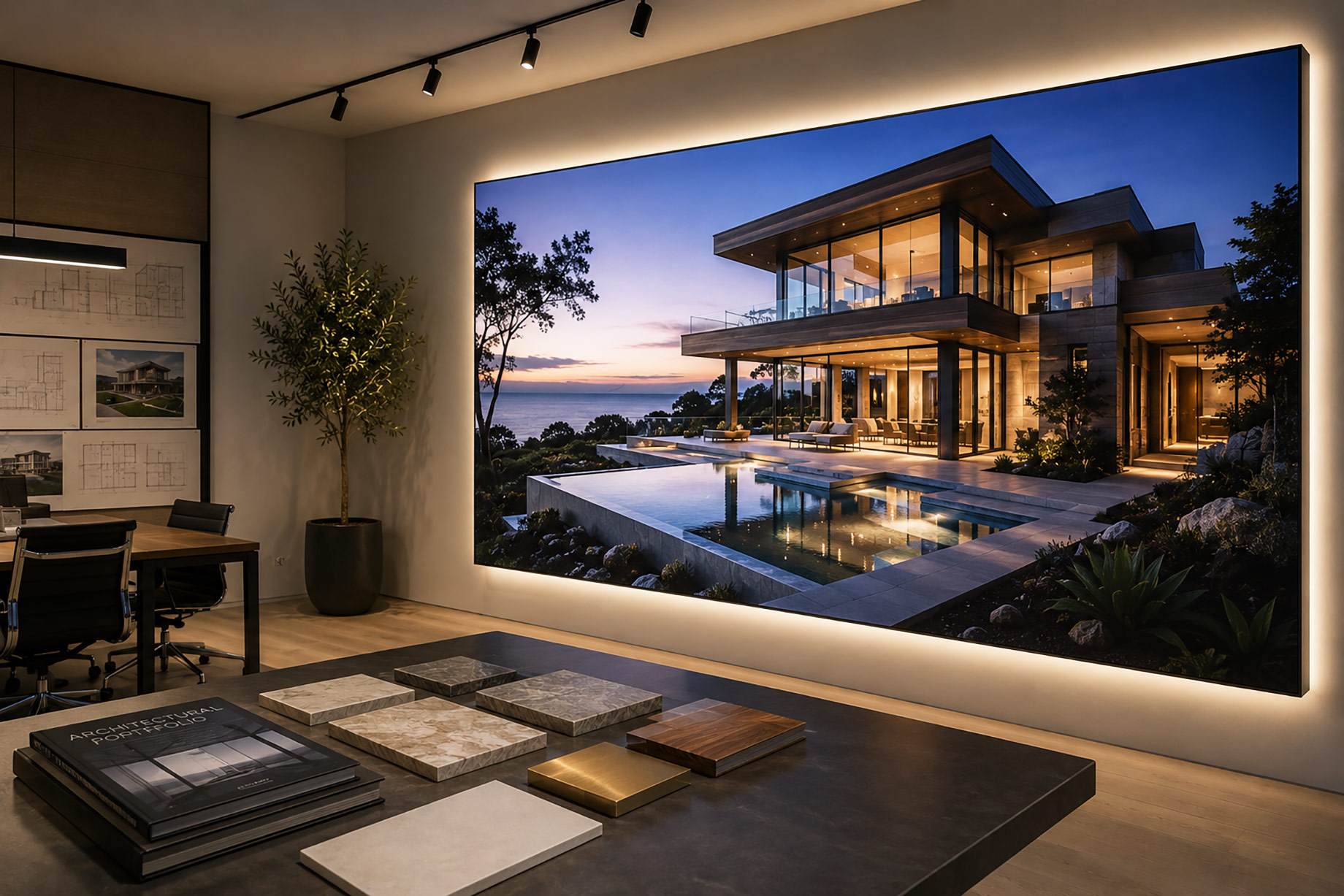 Luxury architecture studio with a large illuminated display showcasing a modern waterfront home beside architectural plans and material samples.