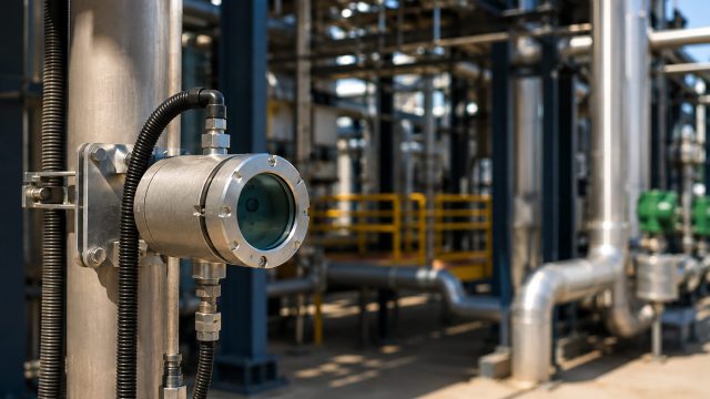 Stainless steel gas-analysis instrument mounted beside process piping in a contemporary industrial facility with supporting infrastructure in the background.