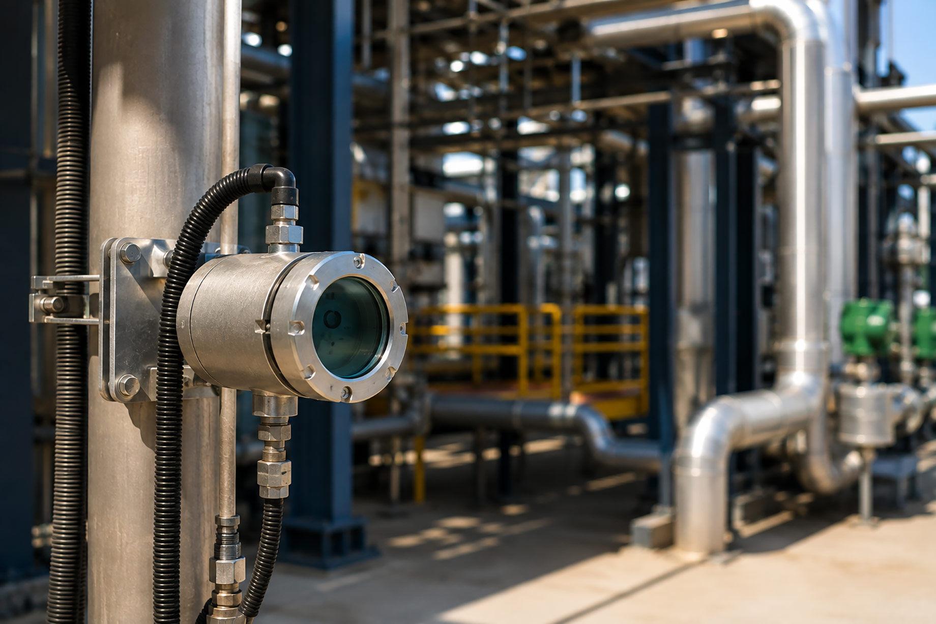 Stainless steel gas-analysis instrument mounted beside process piping in a contemporary industrial facility with supporting infrastructure in the background.