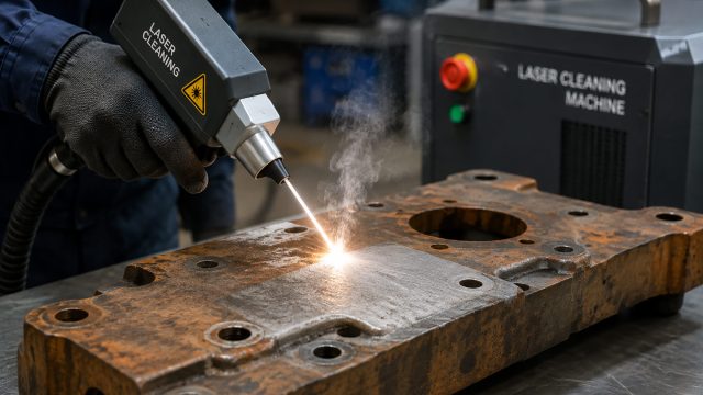 Worker using a handheld laser cleaning system to remove rust from a large metal component in an industrial workshop.
