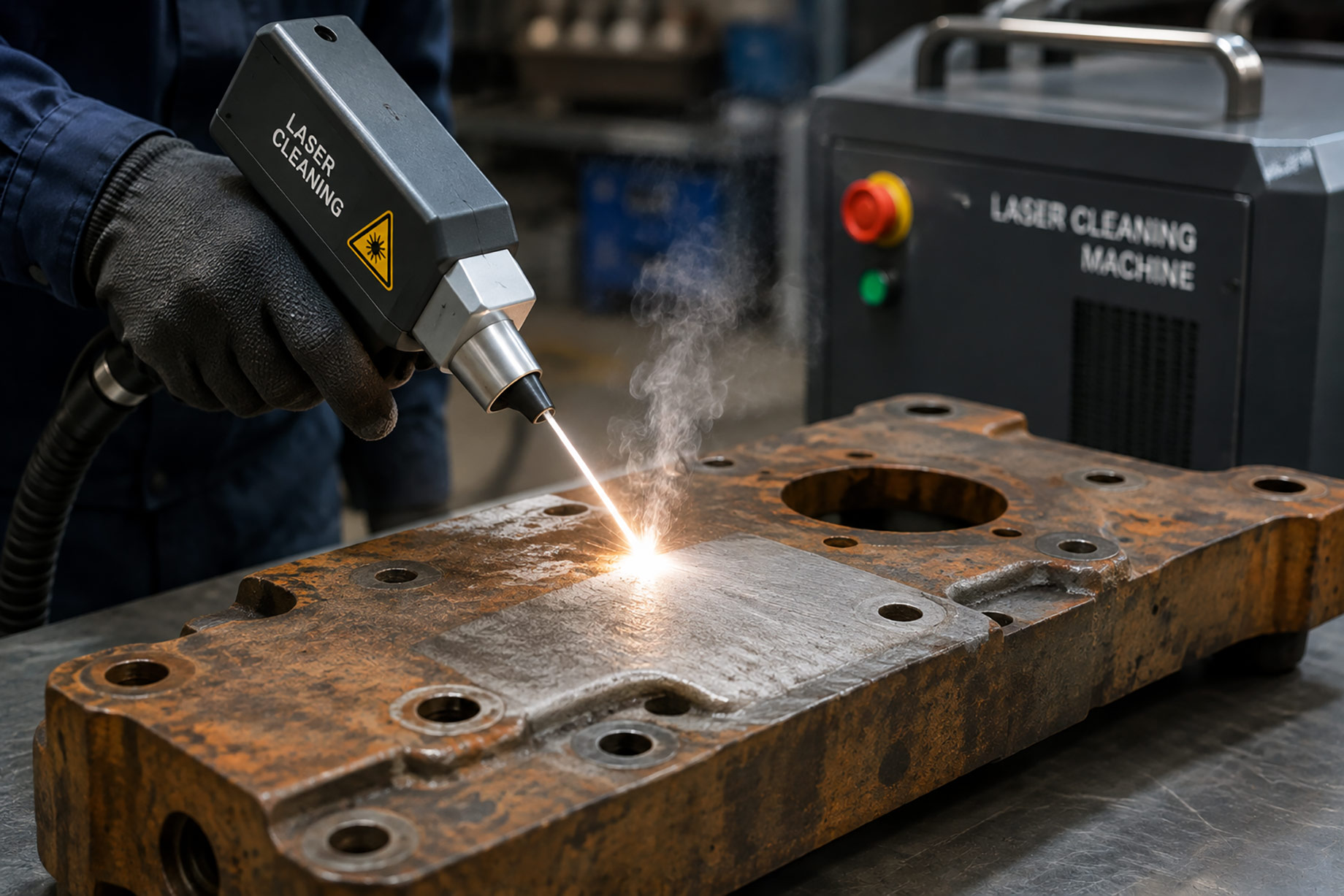 Worker using a handheld laser cleaning system to remove rust from a large metal component in an industrial workshop.