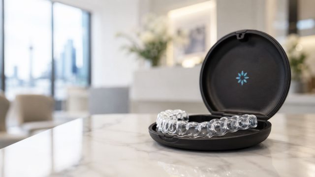 Clear Invisalign aligners in an open black case on a marble counter inside a bright, modern Toronto dental studio.