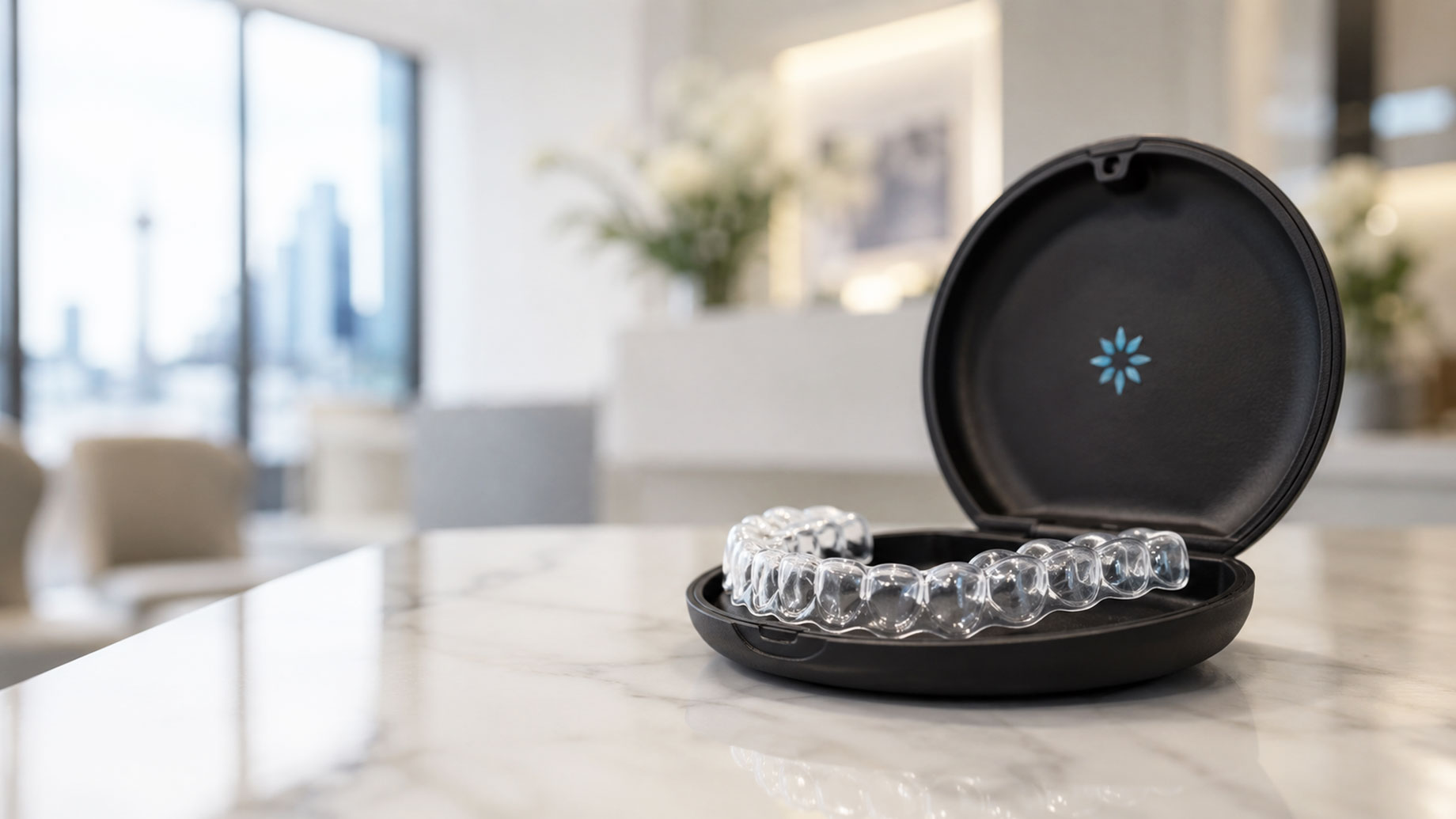 Clear Invisalign aligners in an open black case on a marble counter inside a bright, modern Toronto dental studio.