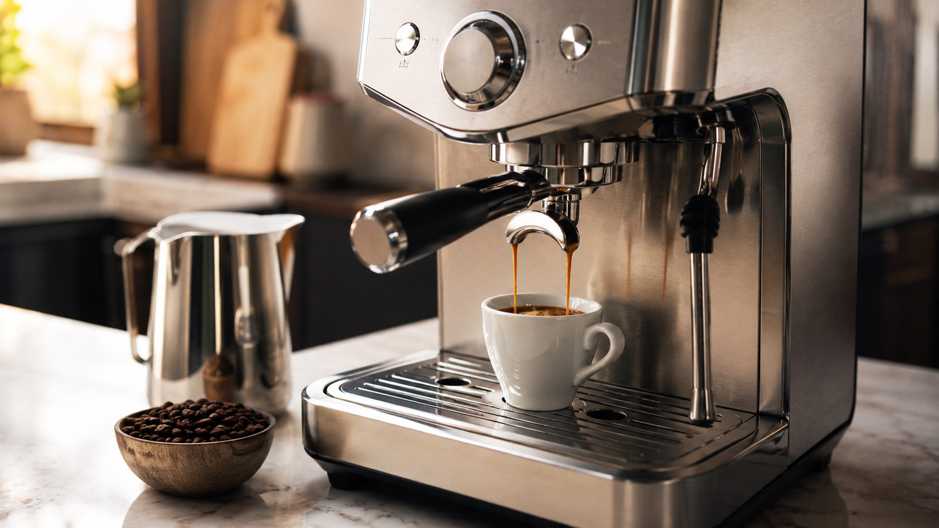 Stainless steel espresso machine extracting coffee into a ceramic cup beside roasted coffee beans and a milk pitcher.
